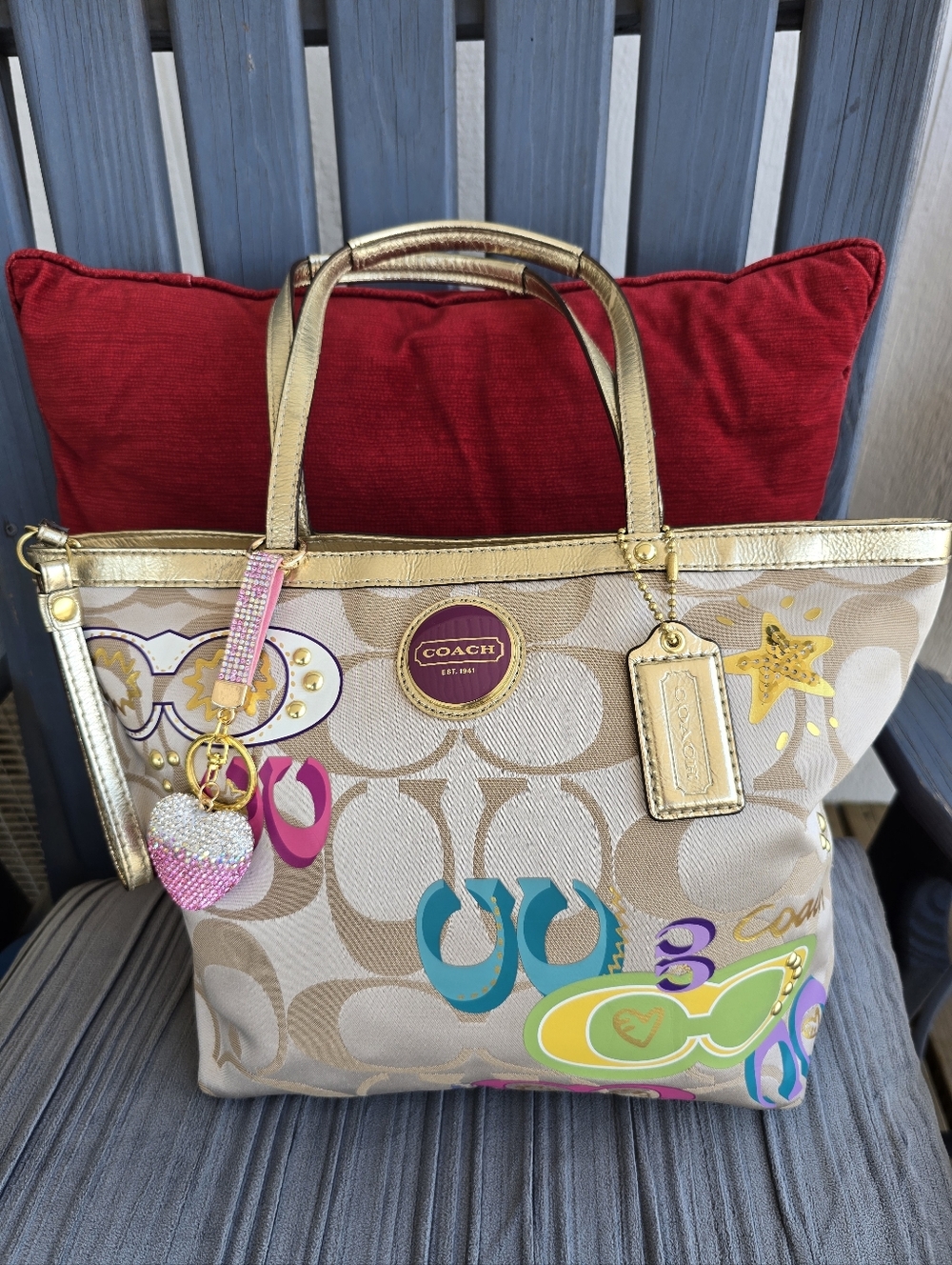 Coach Beige Signature Canvas Tote with Gold Trim and Multicolor Accents